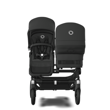 Bugaboo Donkey 5 Duo bassinet and seat stroller black base, midnight black fabrics, midnight black sun canopy