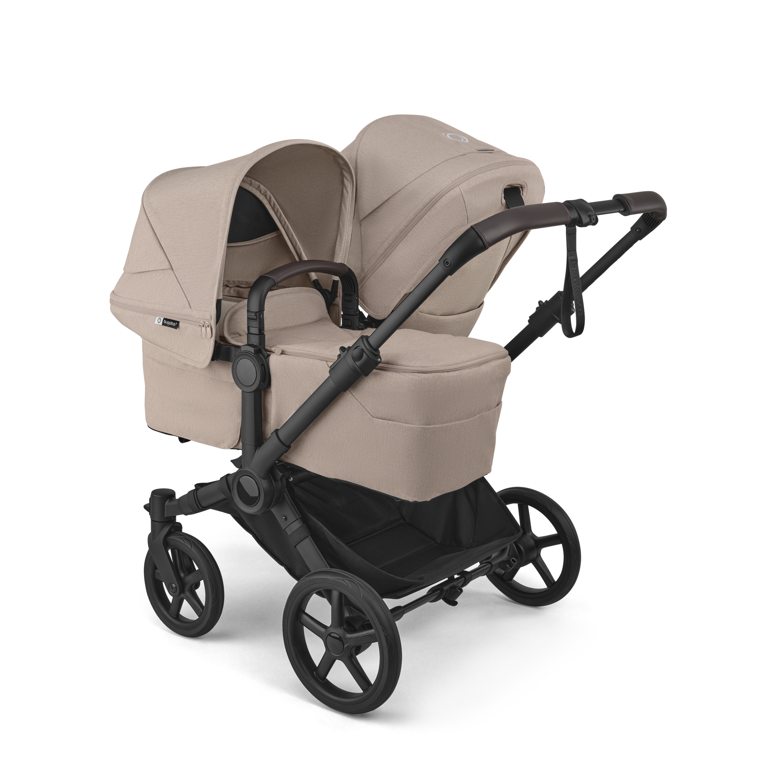 Bugaboo Donkey 6 double stroller black base, desert taupe melange fabrics, desert taupe melange sun canopy - Thumbnail Slide 2 of 10