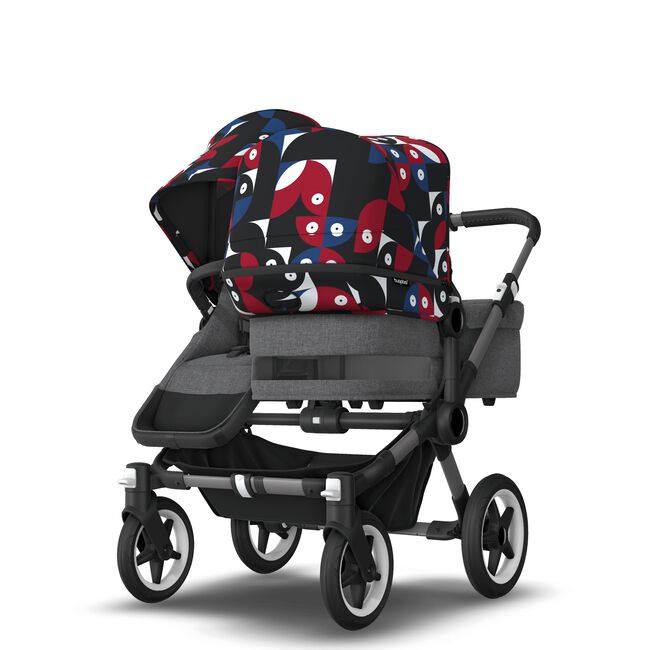 Bugaboo Donkey 5 Duo bassinet and seat stroller graphite base, grey mélange fabrics, animal explorer red/ blue sun canopy