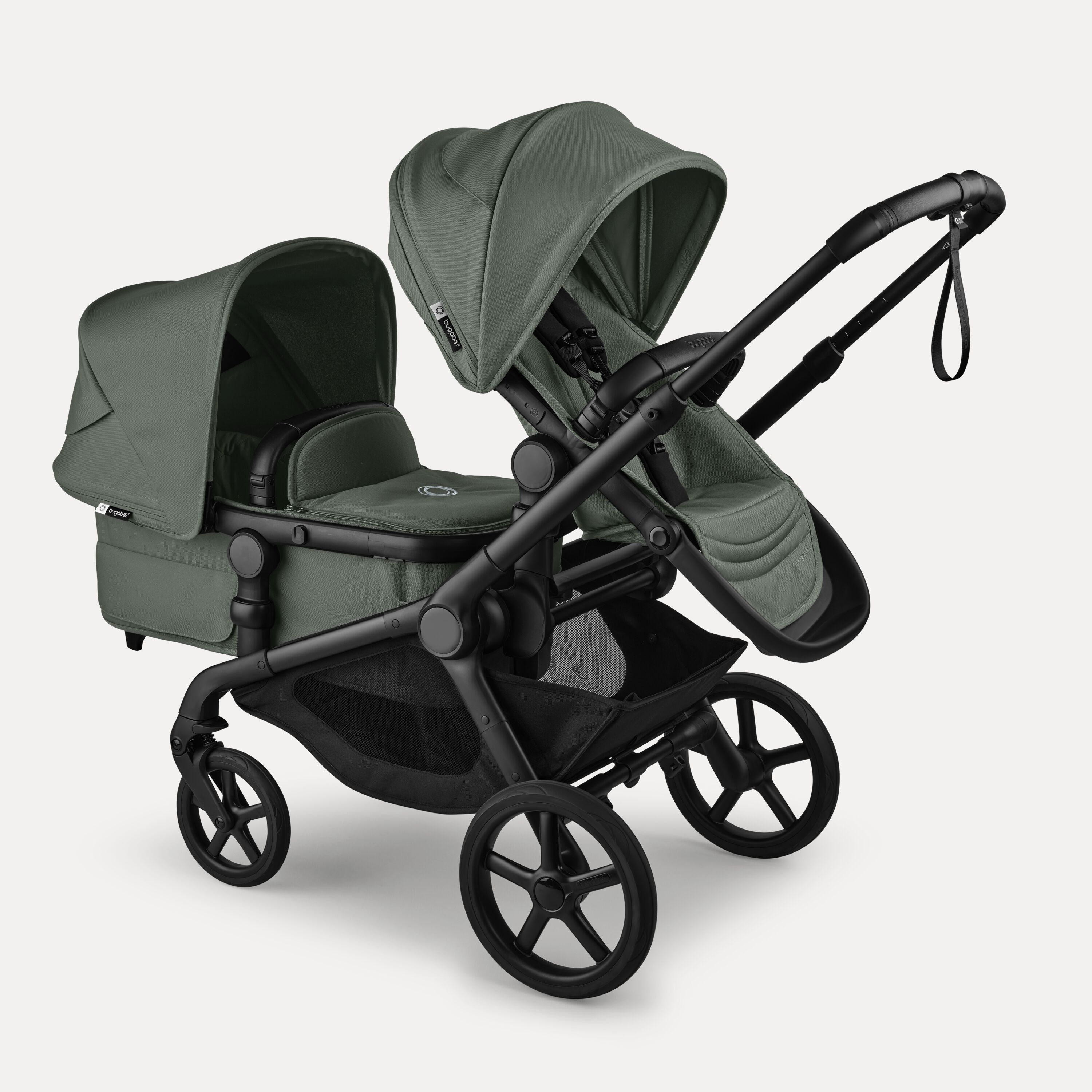 Bugaboo Kangaroo tandem stroller black base, forest green fabrics, forest green sun canopy test - Main Modal Image Slide 3 of 18