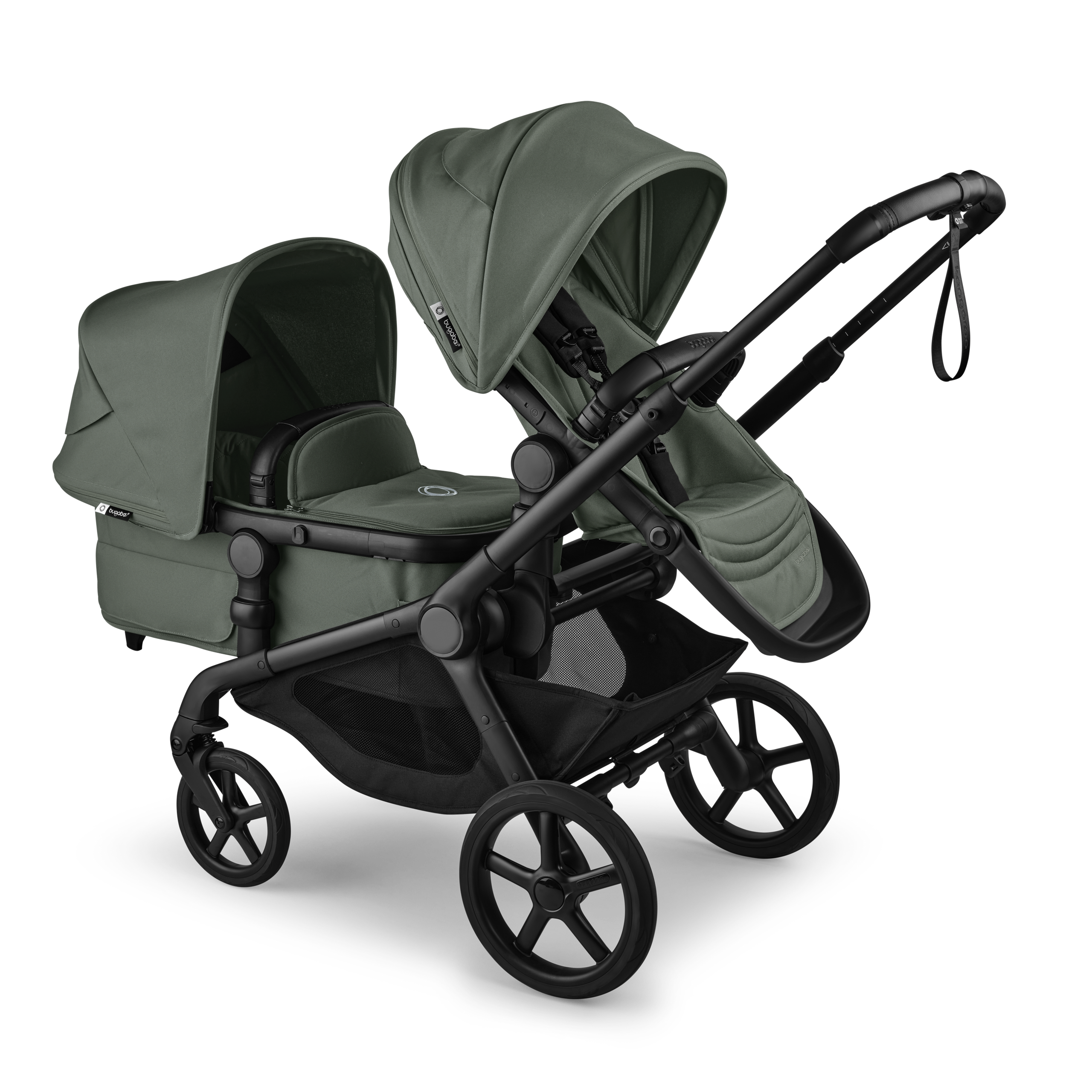 Bugaboo Kangaroo tandem stroller black base, forest green fabrics, forest green sun canopy test - Thumbnail Slide 2 of 15