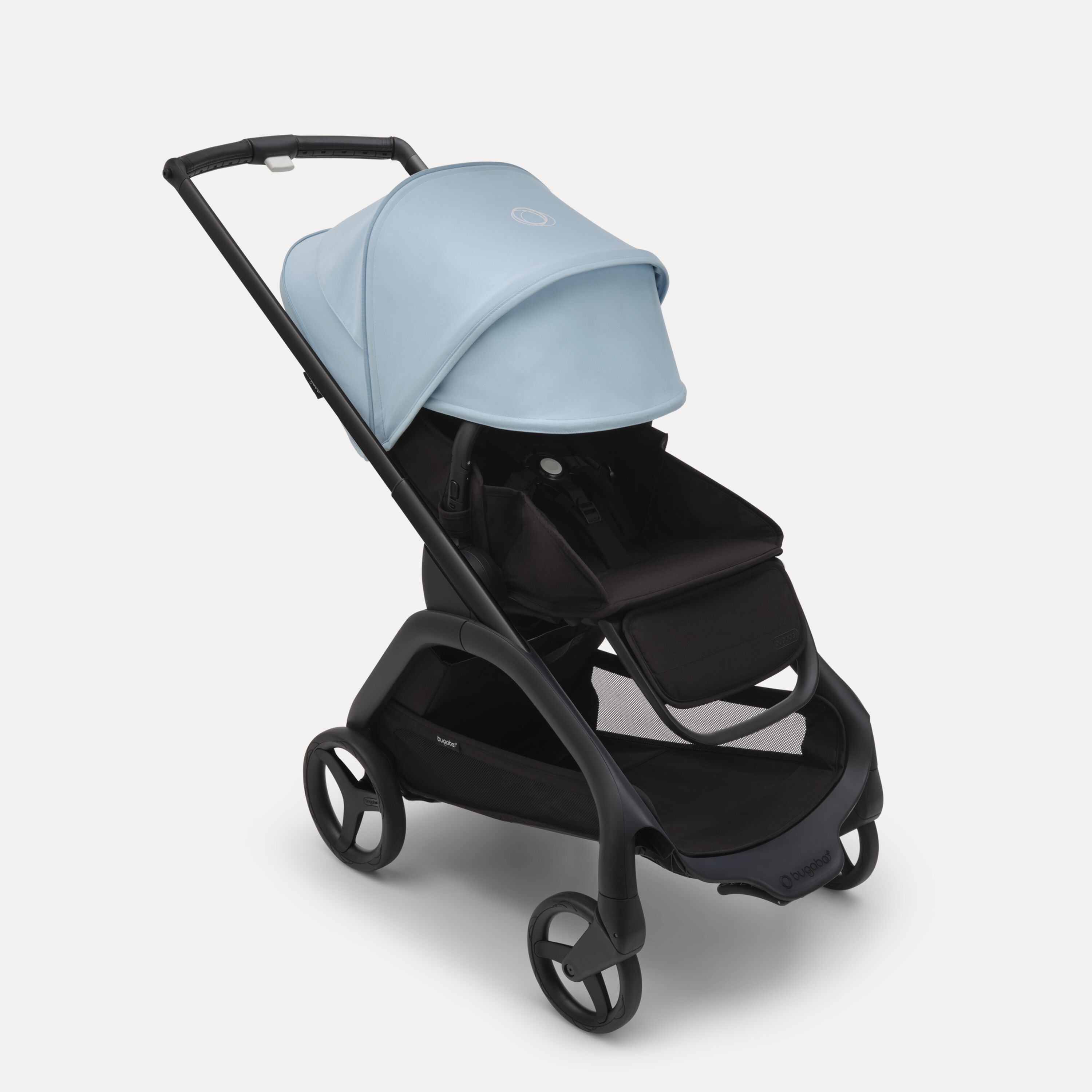 Bugaboo Dragonfly seat stroller with black chassis, midnight black fabrics and skyline blue sun canopy. The sun canopy is fully extended. - Main Modal Image Slide 3 of 16