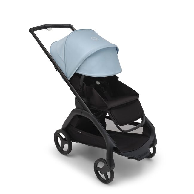 Bugaboo Dragonfly seat stroller with black chassis, midnight black fabrics and skyline blue sun canopy. The sun canopy is fully extended.