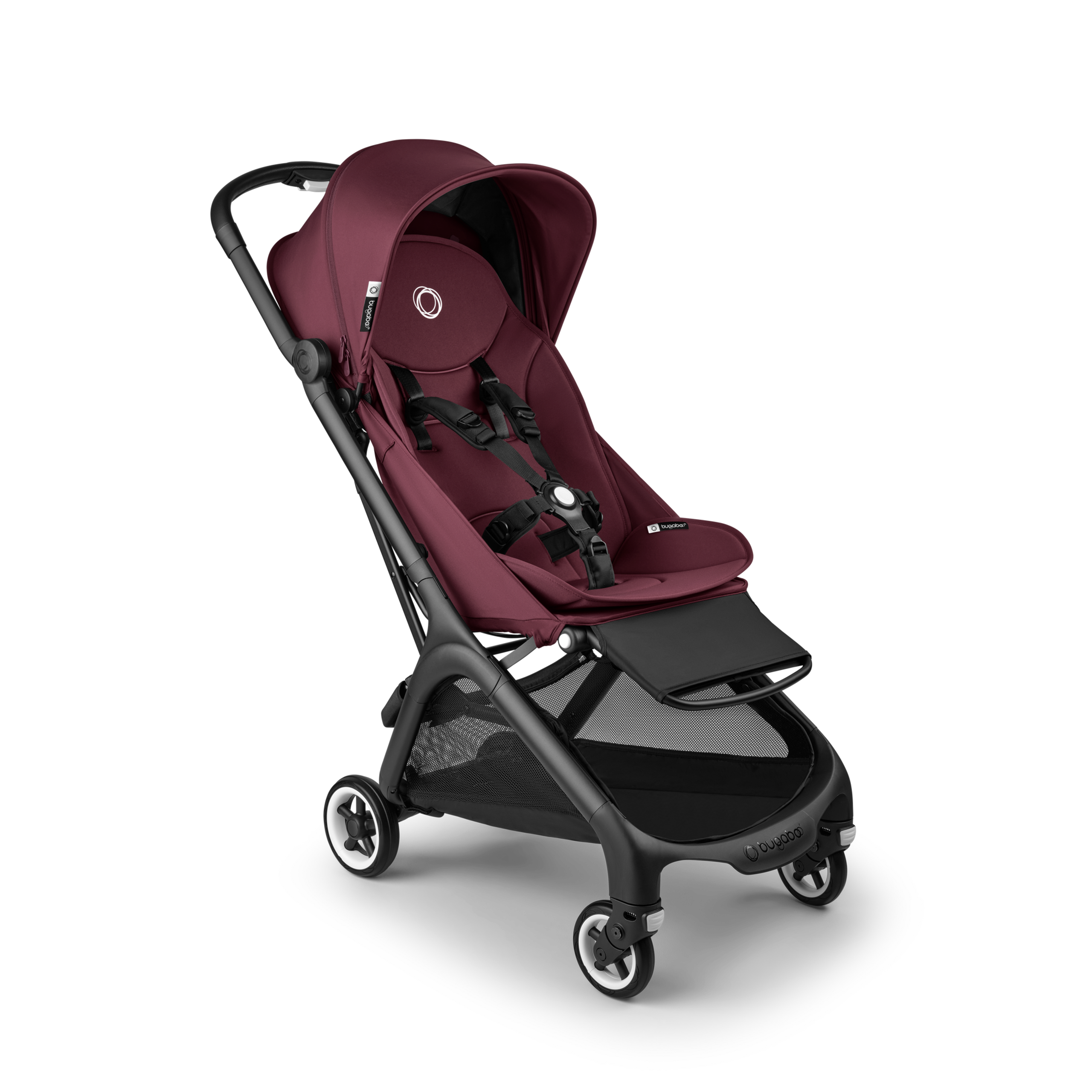 Bugaboo Butterfly bassinet and seat stroller black base, dark cherry red fabrics, dark cherry red sun canopy - Thumbnail Slide 1 of 13