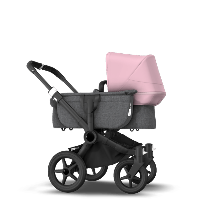 Bugaboo Donkey 3 Mono seat and bassinet stroller soft pink sun canopy, grey melange fabrics, black base