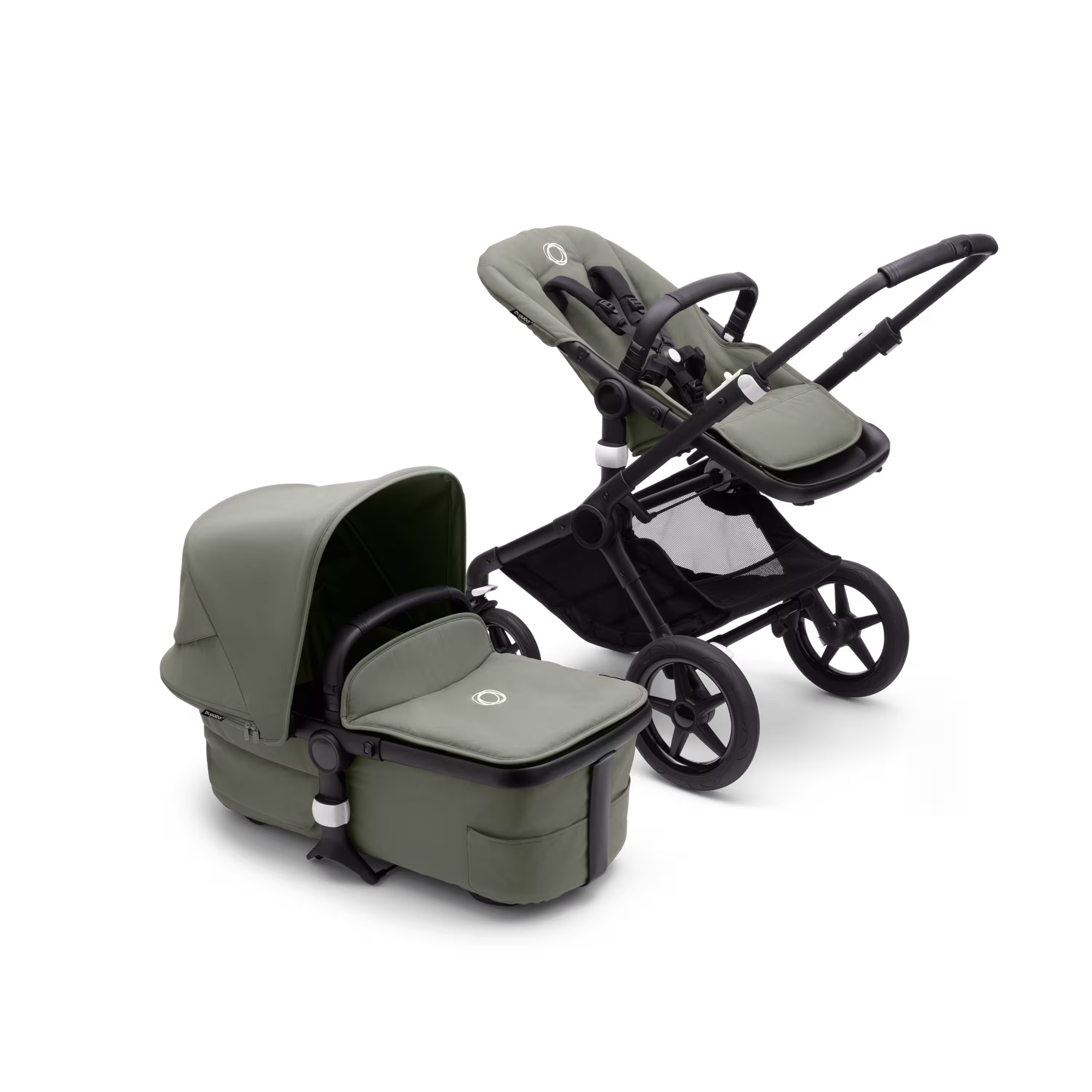 Bugaboo Fox 3 kinderwagen met wieg en stoel, met black frame, forest green bekleding en forest green zonnekap. - Main Modal Image Slide 5 van 9