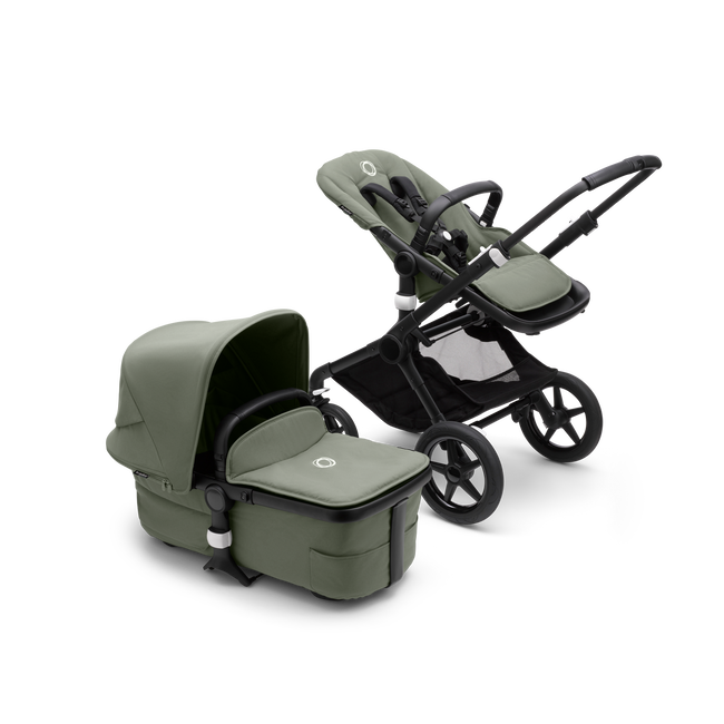 Bugaboo Fox 3 bassinet and seat stroller with black frame, forest green fabrics, and forest green sun canopy.
