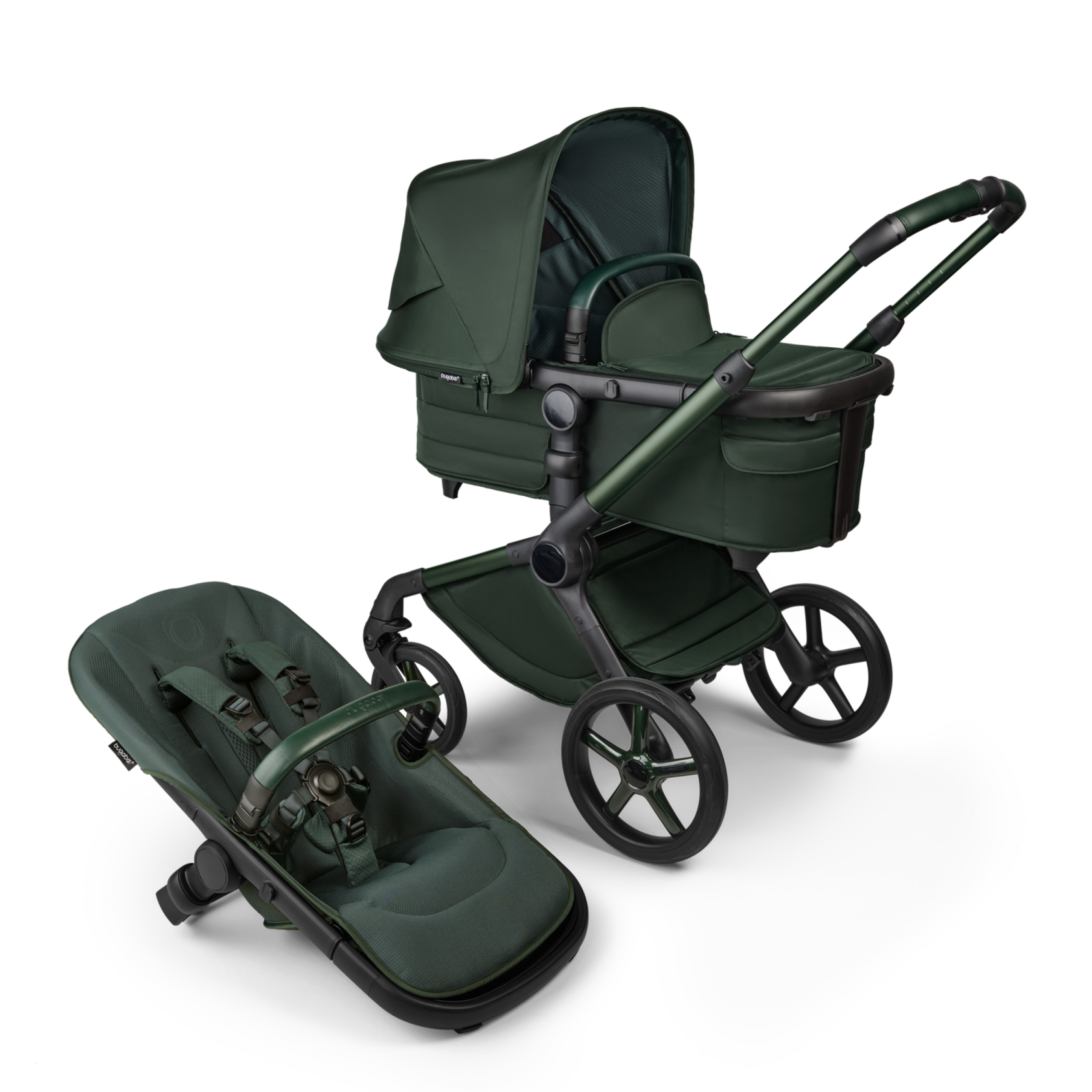 Bugaboo Fox 5 Noir Limited Edition bassinet and seat stroller, with Midnight Green chassis, Midnight Green fabrics, and Midnight Green sun canopy. - Thumbnail Slide 1 of 15
