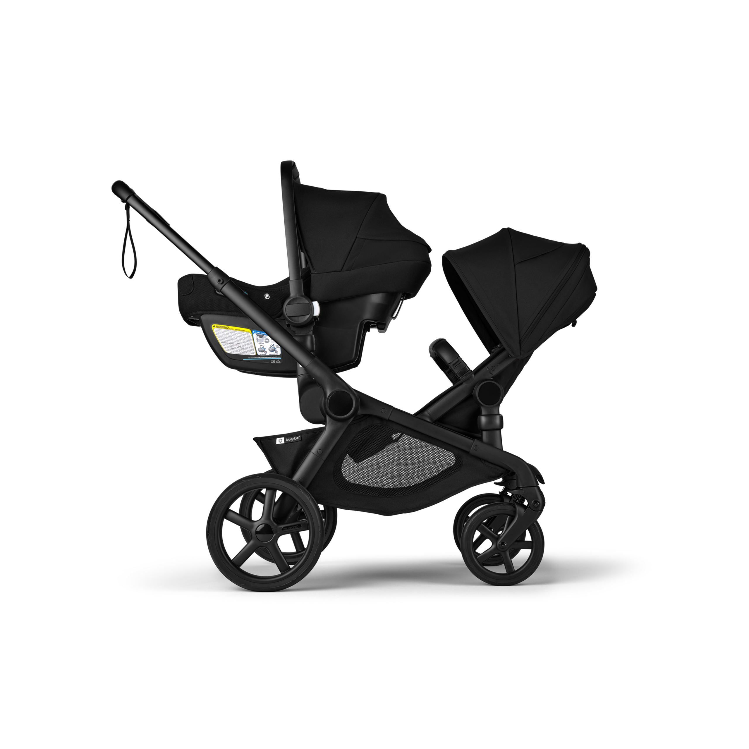 Bugaboo Kangaroo 2-in-1 tandem stroller with one car seat above and one bassinet below, with Midnight Black fabrics and Midnight Black sun canopies. - Thumbnail Slide 16 of 18