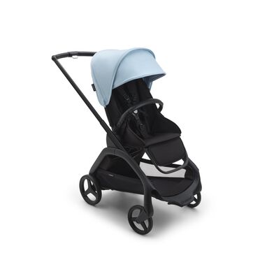 Bugaboo Dragonfly bassinet and seat stroller black base, midnight black fabrics, skyline blue sun canopy