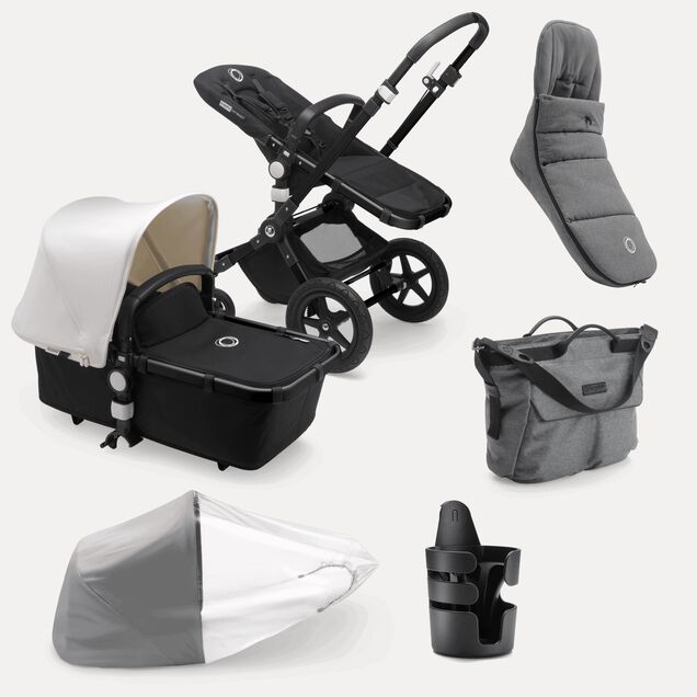 Bugaboo Cameleon 3 Plus bassinet and seat stroller fresh white sun canopy, black fabrics, black base and grey melangeblack winter accessories - Main Image Slide 1 van 8