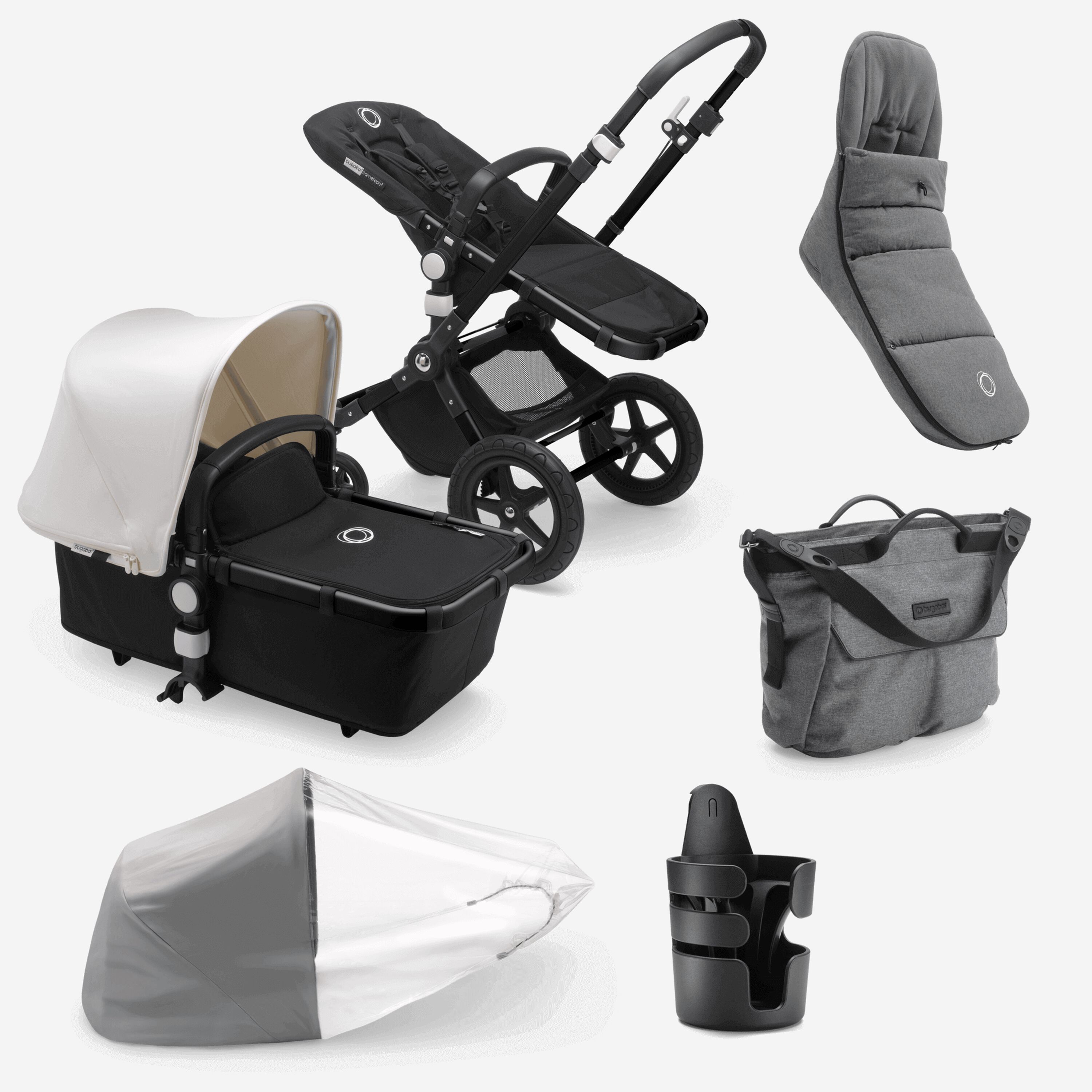 Bugaboo Cameleon 3 Plus bassinet and seat stroller fresh white sun canopy, black fabrics, black base and grey melangeblack winter accessories - Main Modal Image Slide 1 of 8