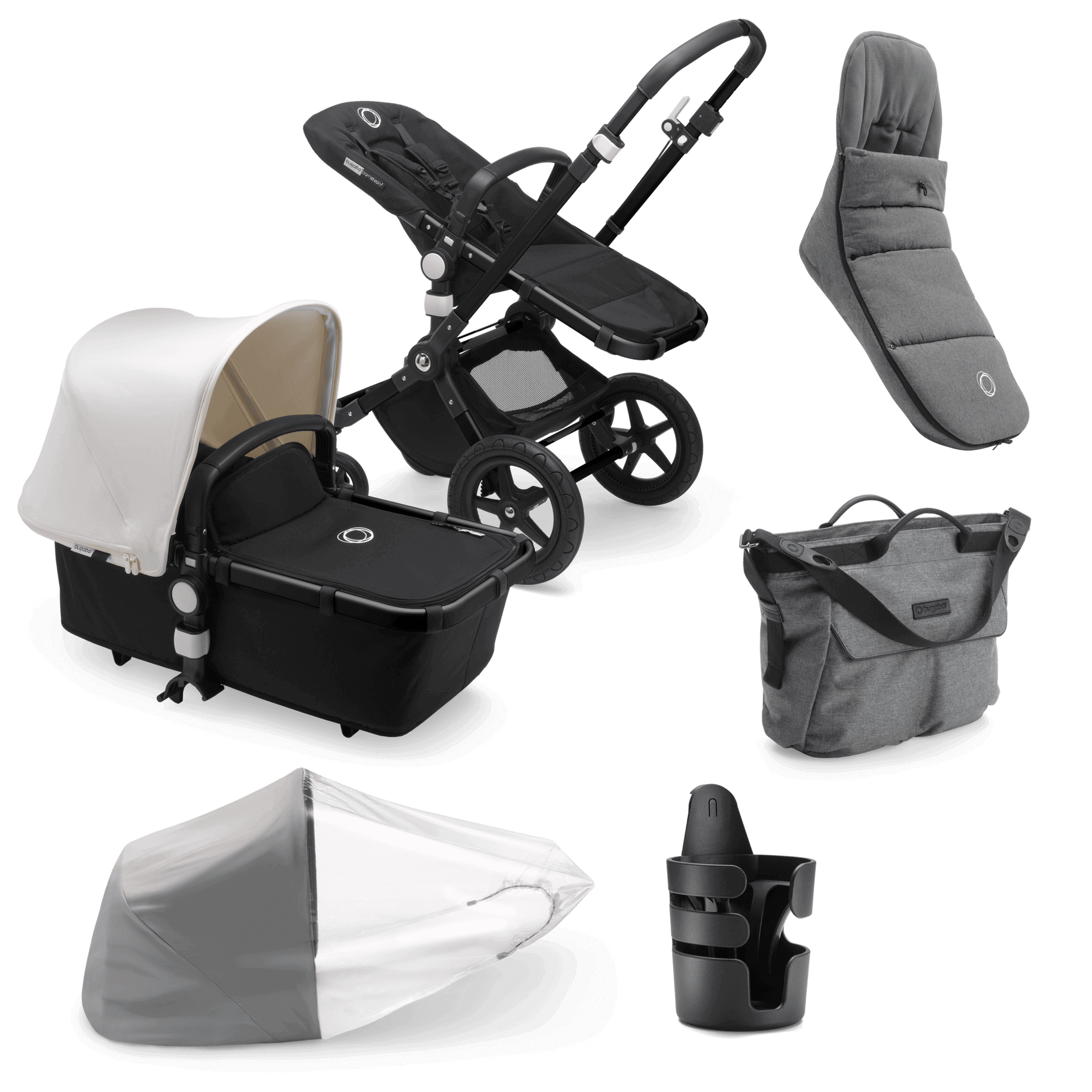 Bugaboo Cameleon 3 Plus bassinet and seat stroller fresh white sun canopy, black fabrics, black base and grey melangeblack winter accessories - Thumbnail Slide 1 of 8
