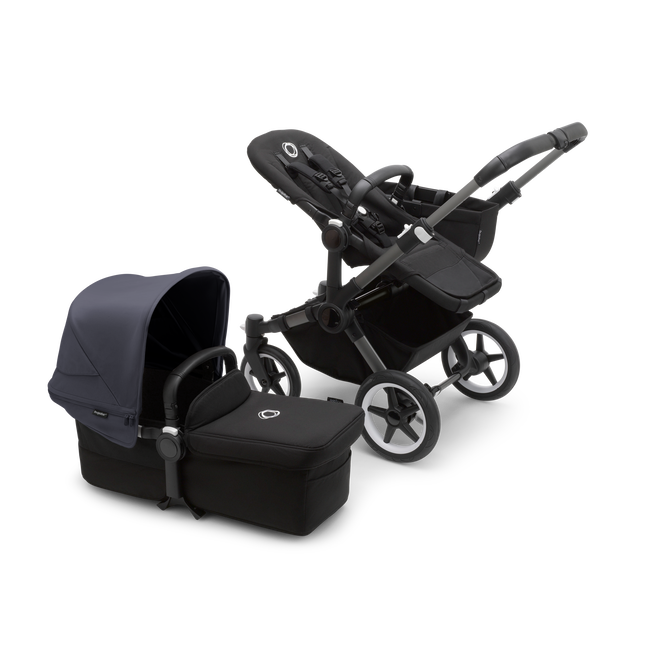 Bugaboo Donkey 5 Mono bassinet and seat stroller graphite base, midnight black fabrics, stormy blue sun canopy