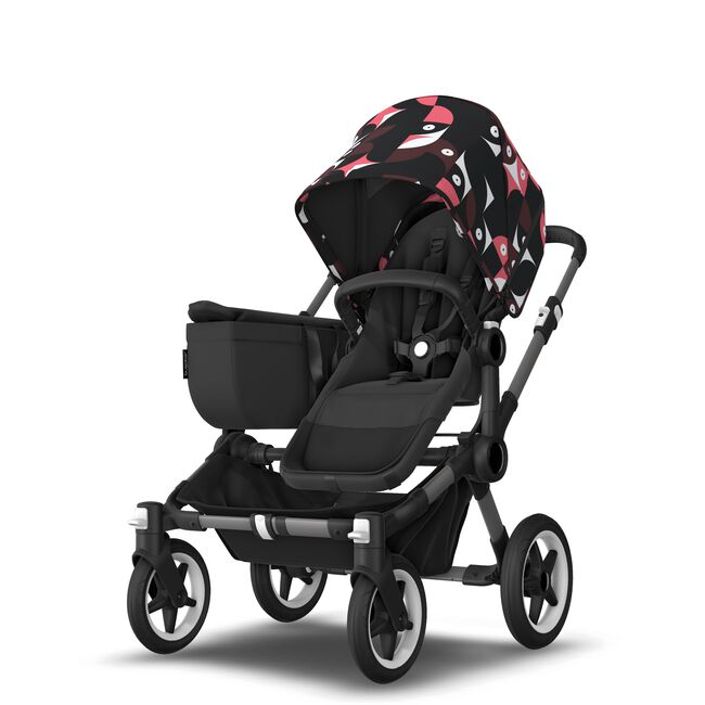 Bugaboo Donkey 5 Mono bassinet and seat stroller graphite base, midnight black fabrics, animal explorer pink/ red sun canopy