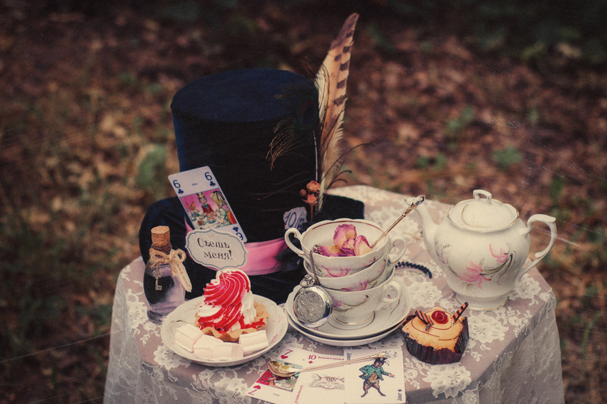 Decorations for an Alice in Wonderland-themed party