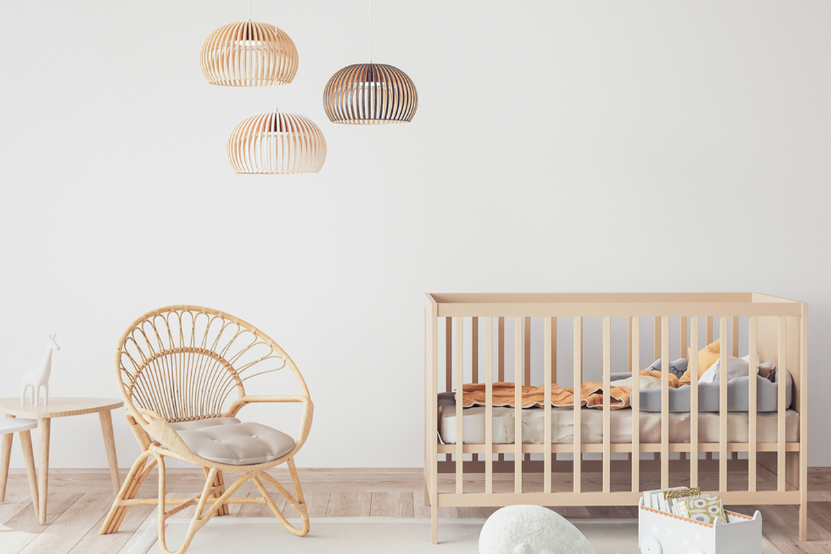 Scandinavian-themed nursery with wooden accents