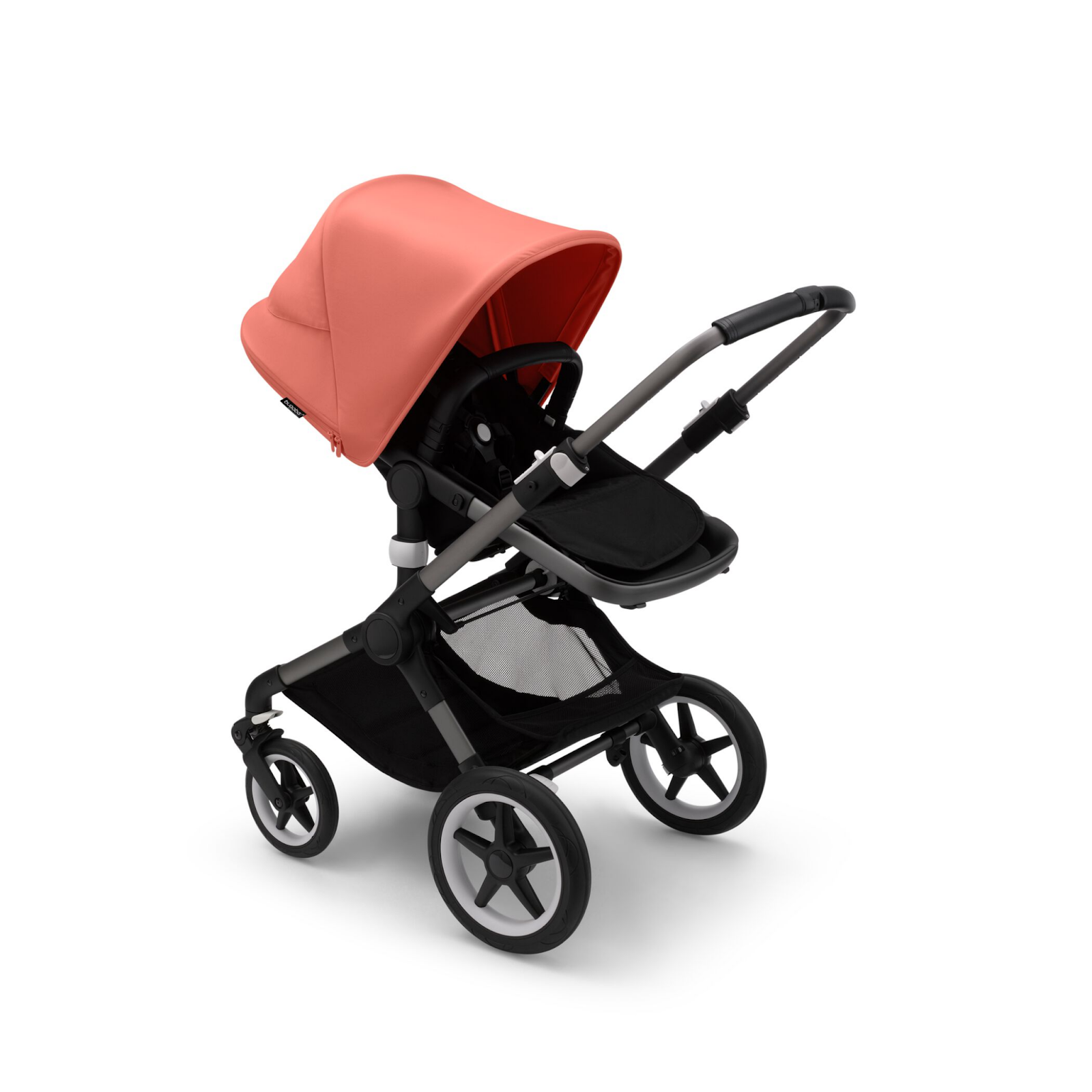 Bugaboo’s all-terrain pushchair, Fox 3, with a red sun canopy