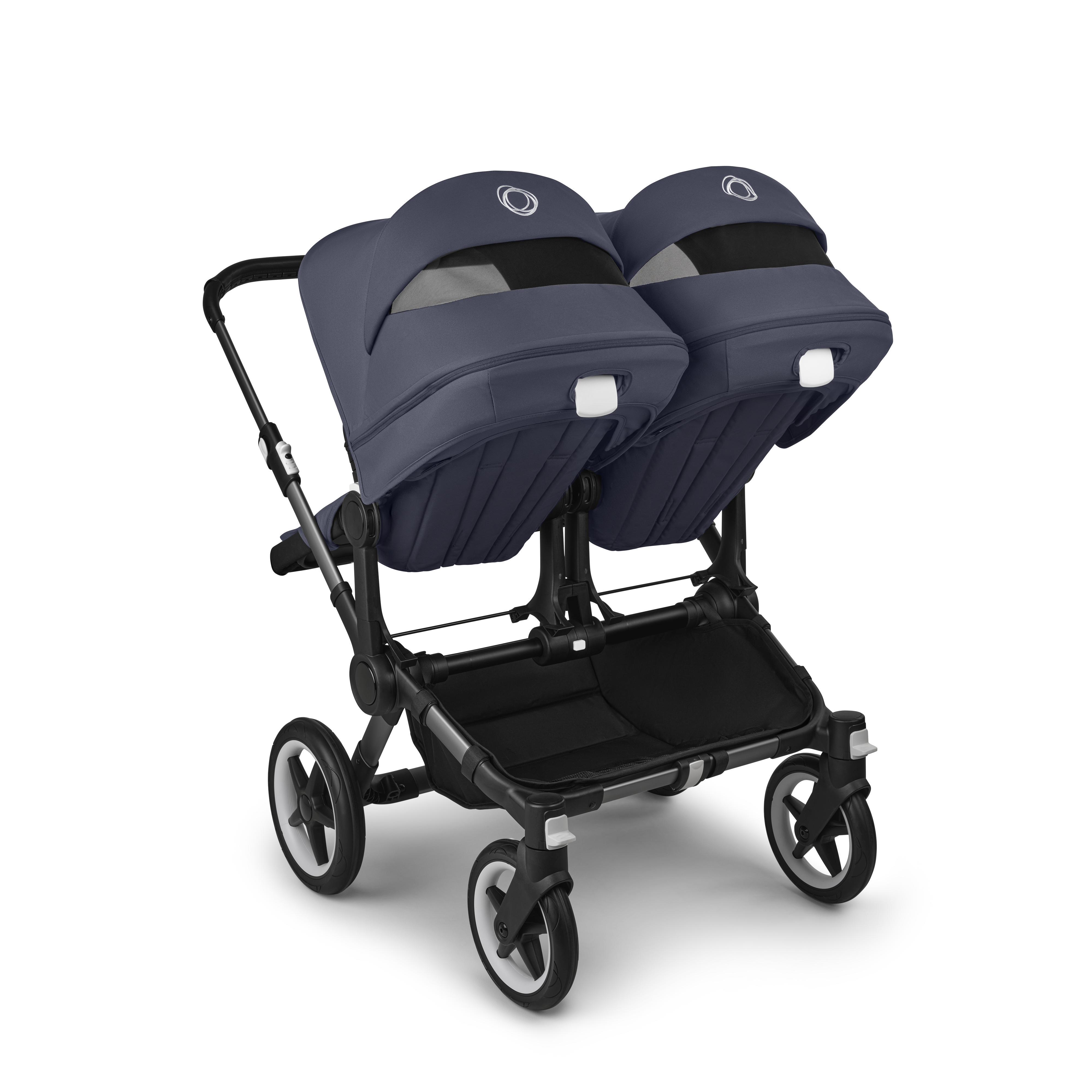 Bugaboo Donkey 5 twin stroller graphite base, stormy blue fabrics, stormy  blue sun canopy