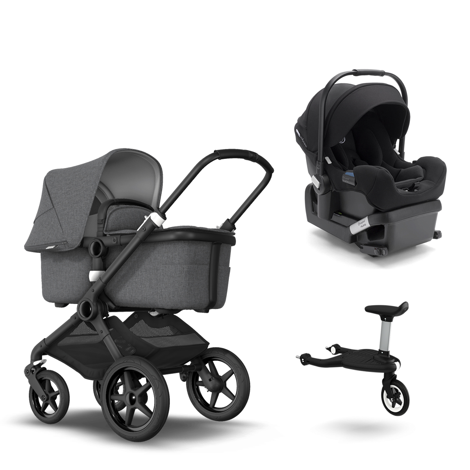 Bugaboo Fox 2, Turtle by Nuna and Wheeled board black sun canopy