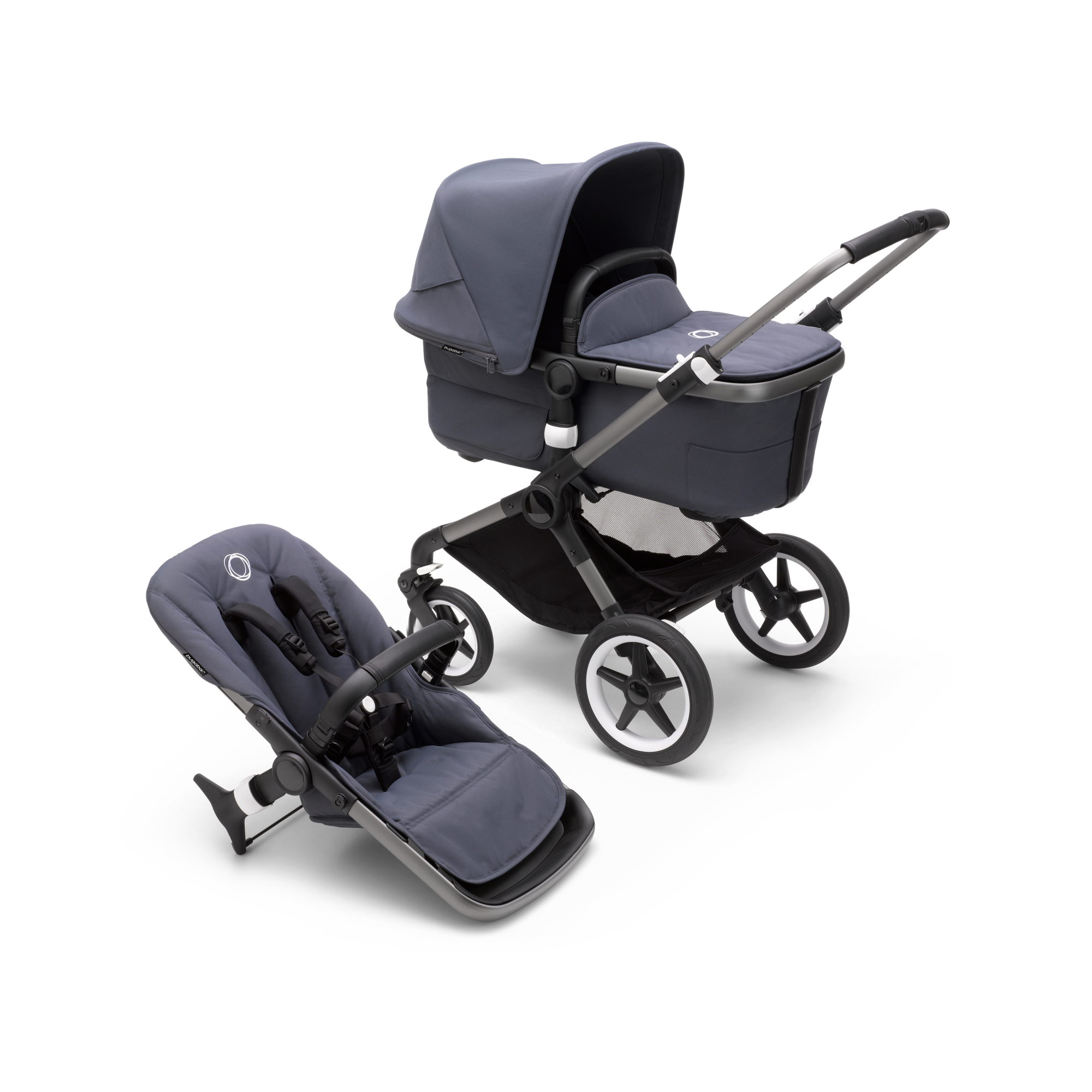 Bugaboo Fox 3 carrycot and seat pushchair Stormy blue sun canopy