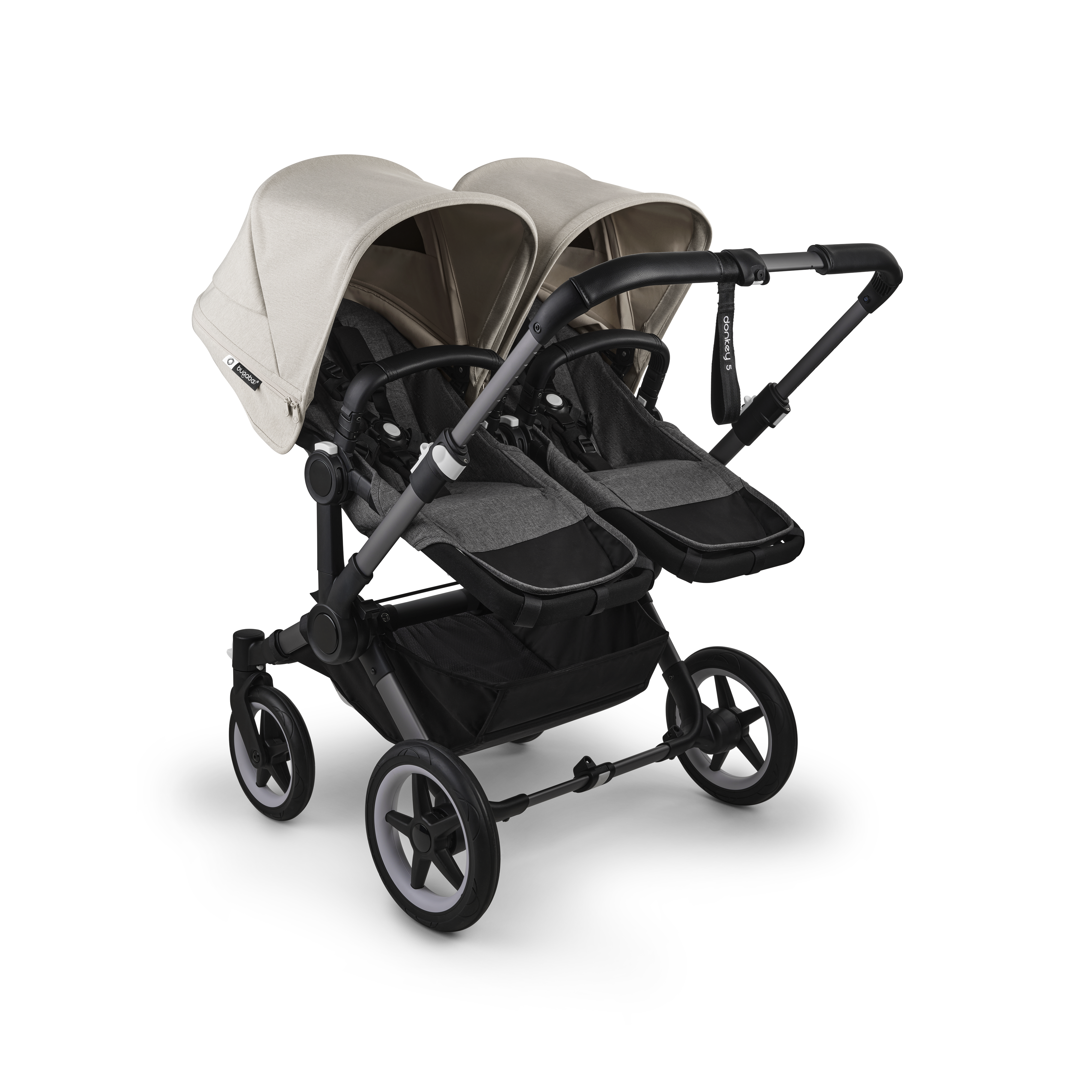 Bugaboo Donkey 5 twin stroller graphite base, grey mlange fabrics, misty  white sun canopy