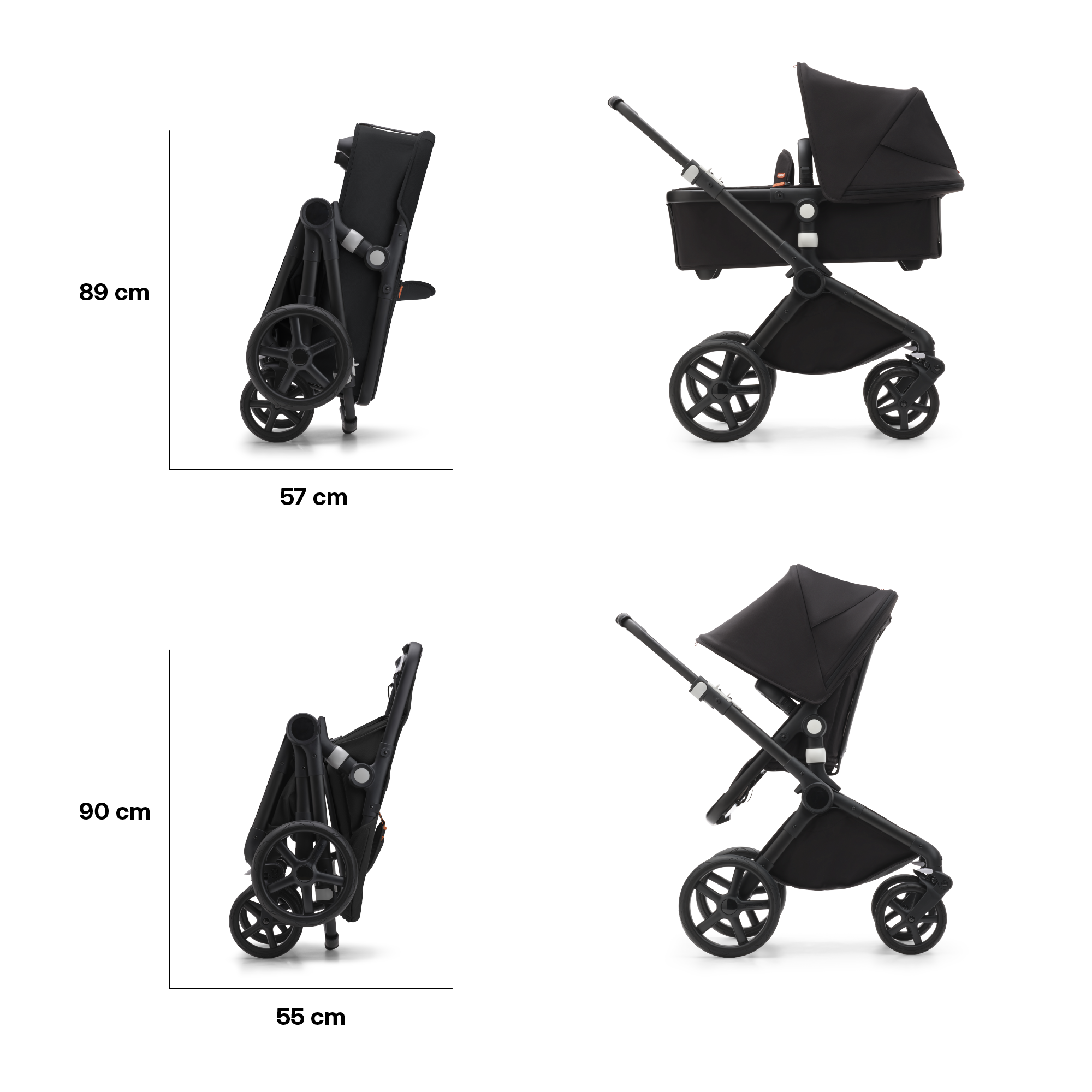 Bugaboo Fox Cub bassinet and seat stroller black base, midnight black  fabrics, midnight black sun canopy
