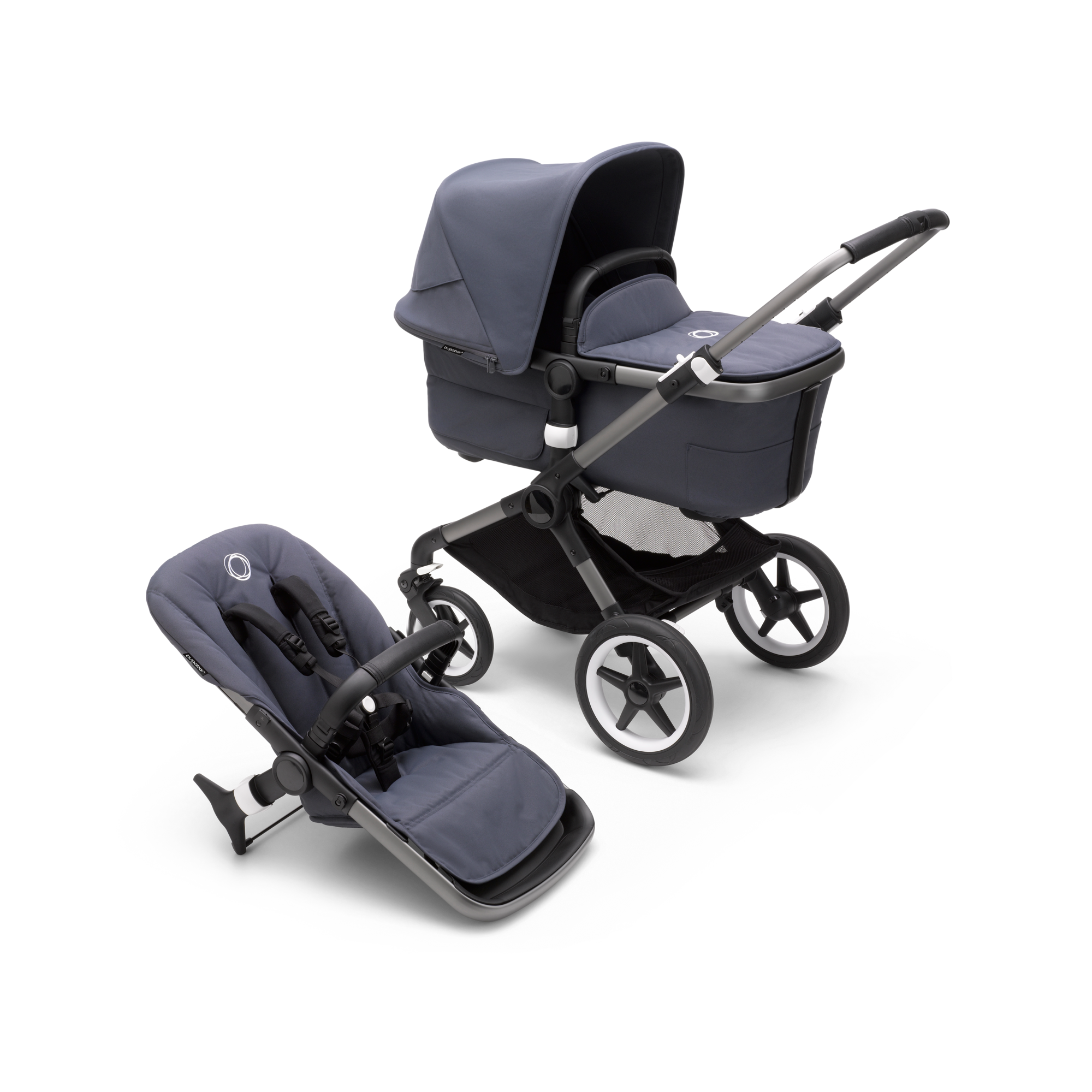 Bugaboo Fox 3 bassinet and seat Stormy canopy, stormy blue fabrics, graphite chassis Bugaboo